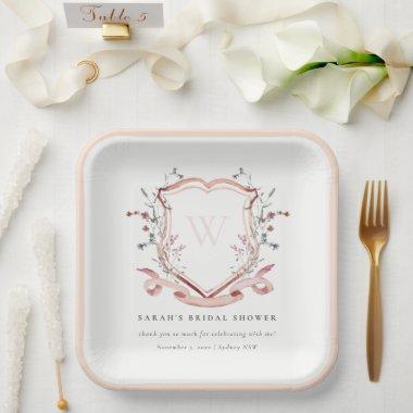 Pink Wildflower Watercolor Crest Bridal Shower Paper Plates