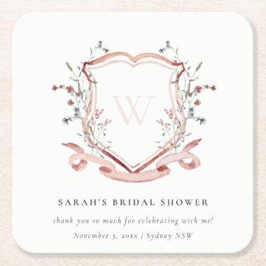 Pink Wildflower Watercolor Crest Bridal Shower Square Paper Coaster
