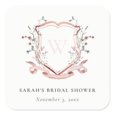 Pink Wildflower Watercolor Crest Bridal Shower Square Sticker