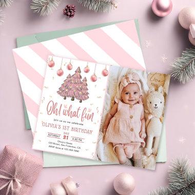 Pink Winter Christmas Trees Birthday Party Photo Invitations