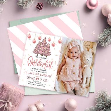 Pink Winter Onederful Christmas Trees Birthday Invitations