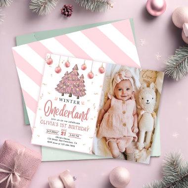 Pink Winter Onederland Christmas Trees Birthday Invitations