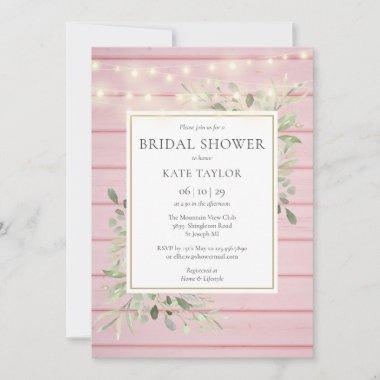 Pink Wood String Lights Greenery Bridal Shower Invitations