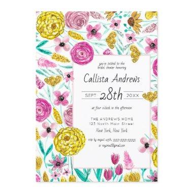 Pink Yellow Floral Watercolor Bridal Shower Invitations