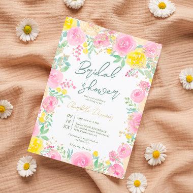 Pink yellow garden floral watercolor bridal shower Invitations
