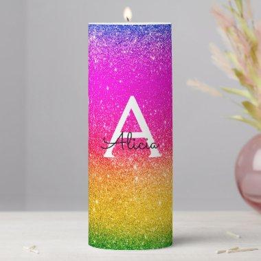 Pink Yellow Monogram Rainbow Glitter Pillar Candle