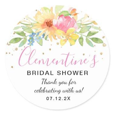 Pink Yellow Watercolor Bridal Shower Thank You Classic Round Sticker