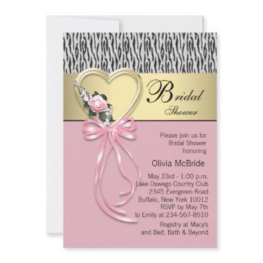 Pink Zebra Black Gold Zebra Bridal Shower Invitations