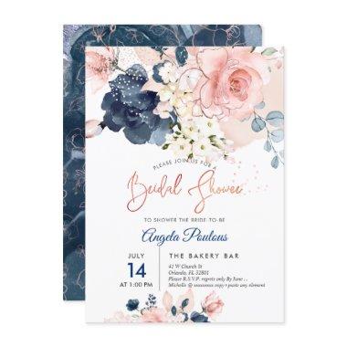 PixDezines Bridal Shower Navy Blush H2 flowers Invitations