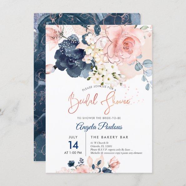 PixDezines Bridal Shower Navy Blush H2 flowers Invitations