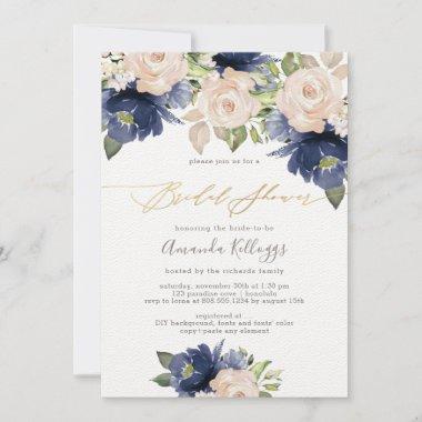 PixDezines Bridal Shower Navy Blush Roses Invitations