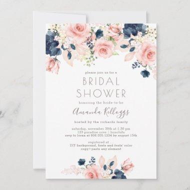PixDezines Bridal Shower Watercolor Navy Roses Invitations