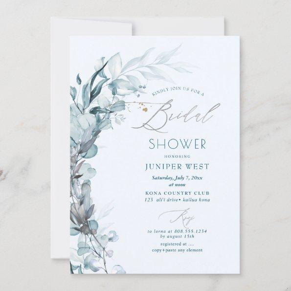 PixDezines H2 Dusty Blue Eucalyptus Bridal Shower Invitations