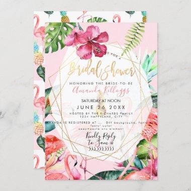 PixDezines Pink Flamigos Bridal Shower+Hibiscus Invitations