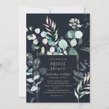 PixDezines Rustic Eucalyptus Navy Bridal Shower Invitations