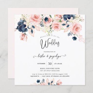 PixDezines Watercolor Dusty Rose Navy Blue Wedding Invitations