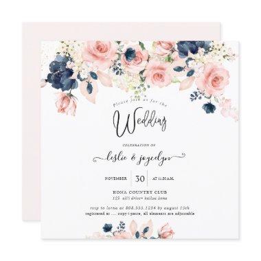 PixDezines Watercolor Dusty Rose Navy Blue Wedding Invitations