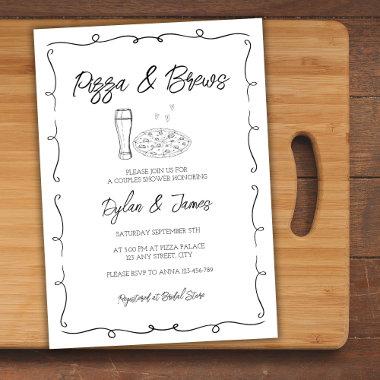 Pizza & Brews Whimsical Hand Drawn Couples Shower Invitations