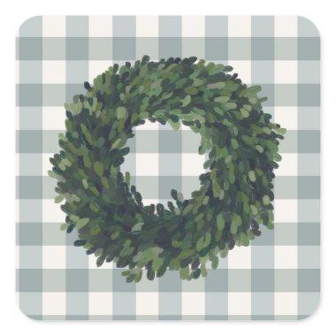 Plaid Boxwood Wreath Farmhouse Gingham Stylish Square Sticker