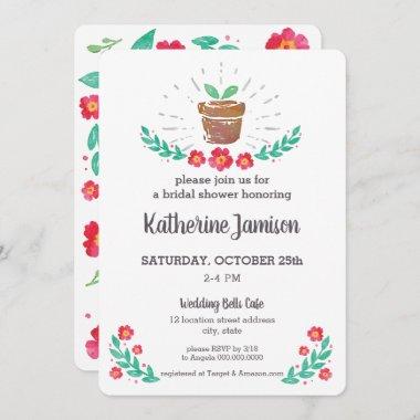 Plant Sprout Red Floral Watercolor Bridal Shower Invitations
