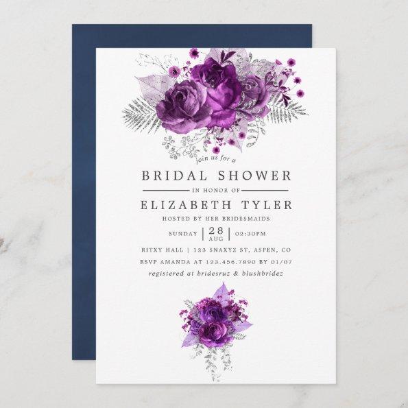 Plum and Navy Watercolor Floral Bridal Shower Invitations