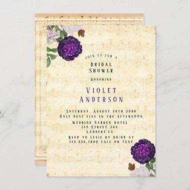 Plum Floral Vintage Sheet Music Bridal Shower Invitations