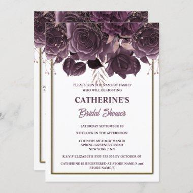 Plum gold white rose watercolor bridal shower chic Invitations