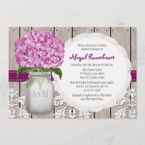 Plum Hydrangea Mason Jar Bridal Shower Invitations