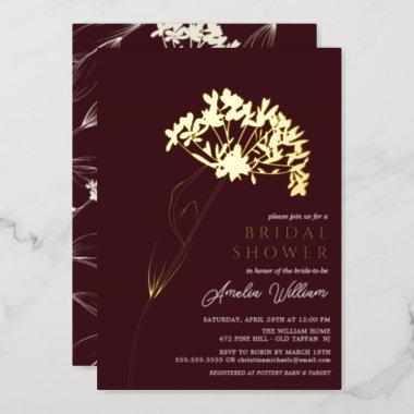 Plum Modern Floral Bridal Shower Foil Invitations