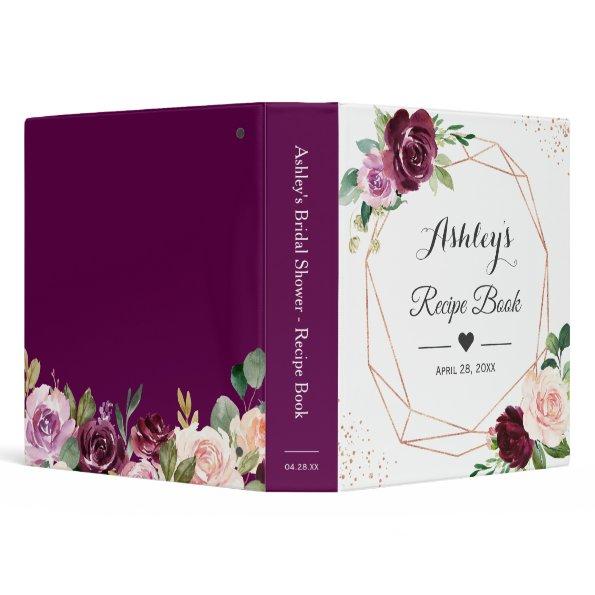 Plum Purple Blush Floral Bridal Shower Recipe Book 3 Ring Binder