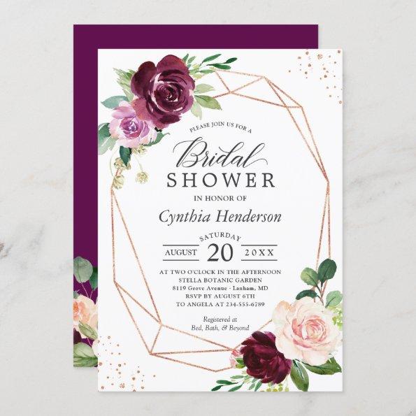 Plum Purple Blush Floral Rose Gold Bridal Shower Invitations