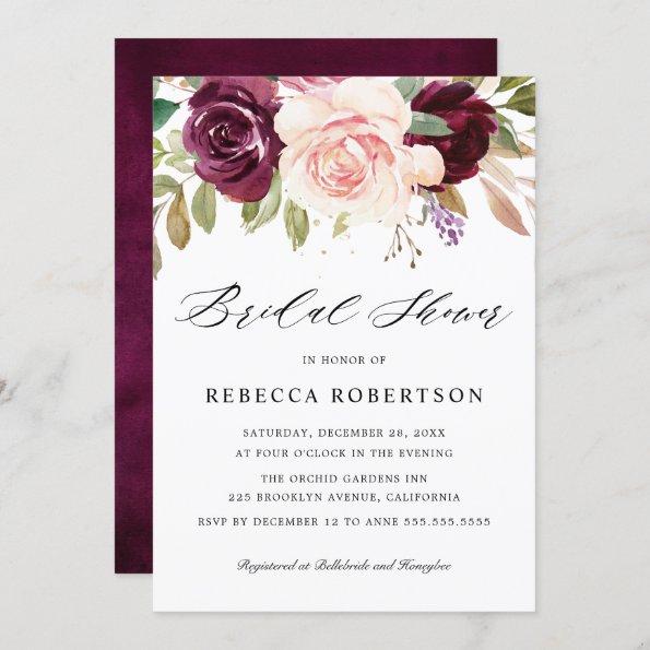 Plum Purple Blush Pink Botanical Bridal Shower Invitations