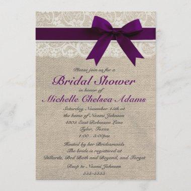 Plum Purple Lace Burlap Bridal Shower Invitations