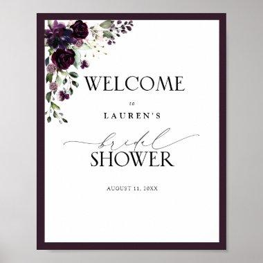 Plum Purple Watercolor Floral Shower Welcome Poster