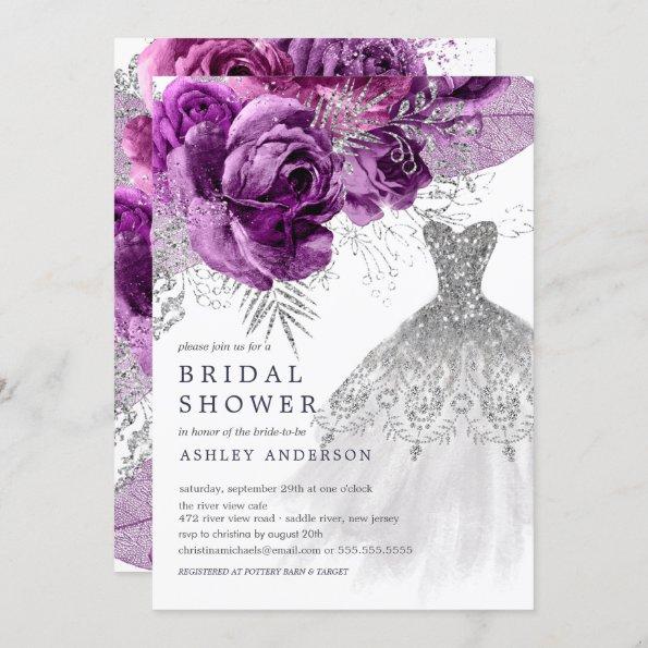 Plum & Silver Floral Wedding Dress Bridal Shower Invitations