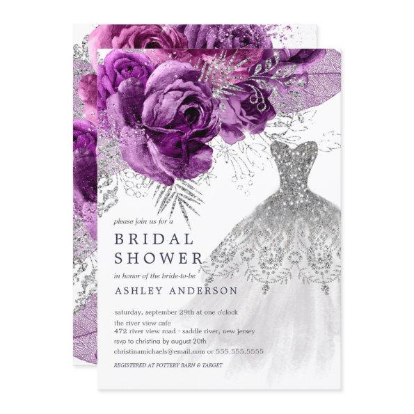 Plum & Silver Floral Wedding Dress Bridal Shower Invitations