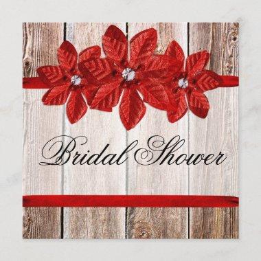 Poinsettia Barn Wood Red Ribbon Bridal Shower Invitations