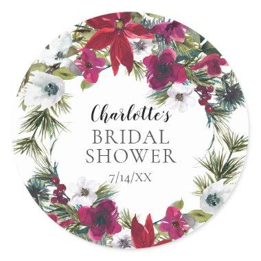 Poinsettia Holly Wreath Bridal Shower Classic Round Sticker