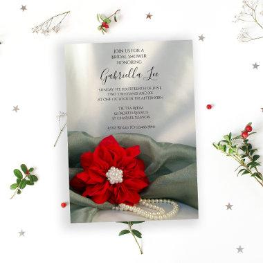 Poinsettia Pearls on Green Winter Bridal Shower Invitations