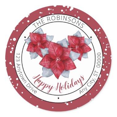 Poinsettia Red | Gray Happy Holidays Family Classic Round Sticker