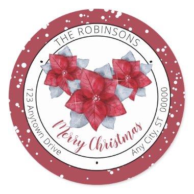 Poinsettia Red | Gray Merry Christmas Family Classic Round Sticker