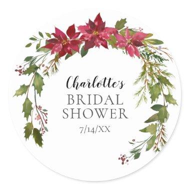 Poinsettia Wreath Bridal Shower Classic Round Sticker