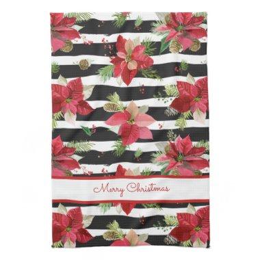 Poinsettias on Black, White Stripes Kitchen Towel