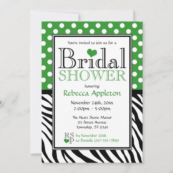 Polka Dot Green & Zebra Print Bridal Shower Invitations