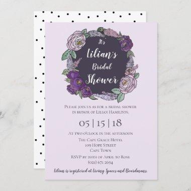 Polka Dot Lilac & Lavender Floral Bridal Shower Invitations