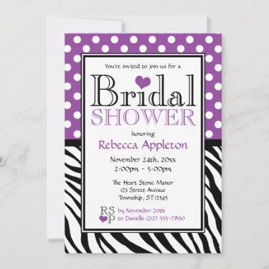 Polka Dot Purple & Zebra Print Bridal Shower Invitations