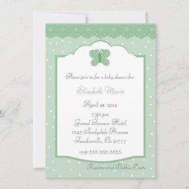 Polka Dots and Butterfly Green Baby Shower Invitations