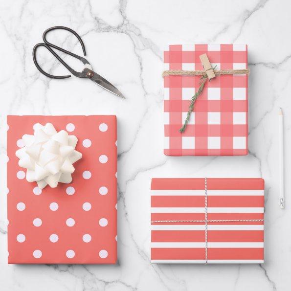 Polka Dots, Stripes and Gingham Patterns in Coral Wrapping Paper Sheets