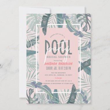 Pool Party Tropical Leaves Pink Bridal Shower Invitations