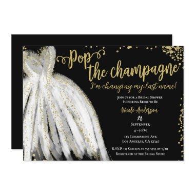 Pop Champagne Dress & Gold Glitter Bridal Shower Invitations